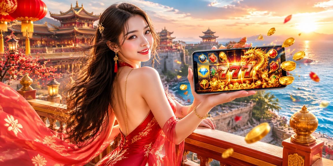 Người dùng tại Huế chơi slot game trên điện thoại di động bên bờ biển buổi chiều