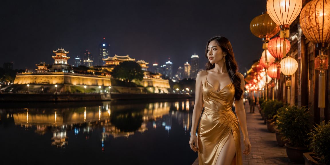 Khung cảnh chợ đêm Huế với không khí giải trí sôi động và ánh đèn rực rỡ về đêm